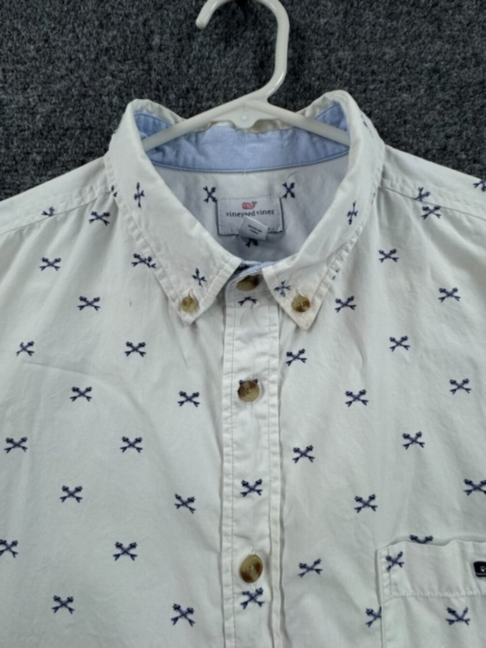 Vineyard Vines Short Sleeve Logo Large White Blue All Cotton Button-Down Pocket